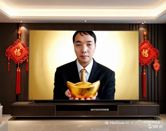 男士慢慢举起了端金元宝的双手，将元宝向前递出了屏幕，与观众分享这份财富和好运。脸上嘴巴里说着祝福语，视频连接丝滑， 镜头从客厅全景缓慢推进到电视机屏幕，聚焦在男士的脸上，捕捉他的微笑和眼神，然后随着他递出元宝的动作，镜头轻微晃动，营造出一种与观众互动的感觉。新春祝福氛围 by Hailuo AI Video Generator