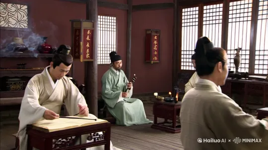 像苏州园林一样的庭院里，有一间放着文房四宝的书房里，书生可以梵香，读史，抚琴，悟道。 by Hailuo AI Video Generator