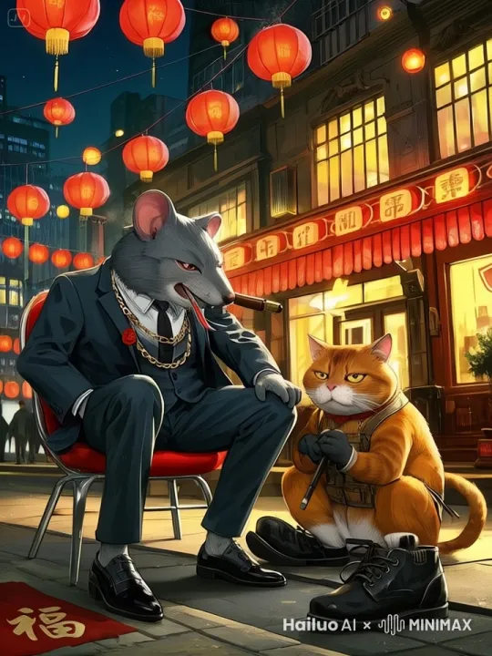 大猫怒气冲冲地扔掉擦鞋布，站起身愤怒地把坐在椅子上的大老鼠推翻在地，大猫弯腰拎起擦鞋的工具箱昂首阔步地走向远处，大老鼠瞪大小眼睛一脸懵逼 by Hailuo AI Video Generator