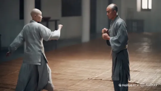 一个漂亮光头尼姑和一个和尚都是散打高手,光头尼姑死命猛烈地击打和尚,其中漂亮尼姑高鞭腿踢中和尚的肩膀,和尚直拳和摆拳,更勇猛地攻击尼姑,每一拳都快、准、狠,势大力沉,打斗动作真实,闪电一样快,互相击中,毫不留情,场面非常惨烈。都穿灰色袈裟。 by Hailuo AI Video Generator