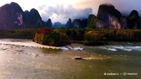 一条大河浪涛涛，一边丛林稀少，远处奇异树木多姿，比邻高山峻岭，山腰处白云缠绕，鸟飞翔，猿声啼不住，轻舟已过万重山， by Hailuo AI Video Generator