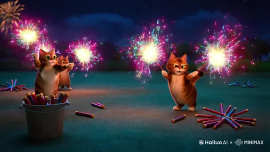 镜头描述：

画面：狸花猫和朋友各自拿着小烟花棒，在空地上挥舞，烟花棒尾端喷出绚丽的小火花，在空气中画出各种形状。
环境细节：地面上的几个烟花筒已经燃尽，旁边的小桶里插着剩下的烟花棒。夜空中还有烟花的余晖。狸花猫和朋友站在一起，围着一个圈圈跑动，留下了光影轨迹。
动作与表情：
狸花猫一边挥舞烟花棒，一边开心地跳跃，尾巴快速摆动；它的朋友尾巴也高高翘起，动作同样欢快。
两只小动物偶尔跑近彼此，用火花“比划”着，像在玩打斗游戏，画面充满童趣。
镜头切换：
远景展示两只小动物跑动形成的光影轨迹，画面梦幻浪漫。
特写镜头捕捉狸花猫握着烟花棒的爪子，以及它脸上幸福的笑容。
旁白/字幕：

旁白：“小烟花棒也不错！狸花猫和朋友玩得不亦乐乎！”
字幕：“烟花棒的光影，留下了温暖的记忆。”

卡通风格 by Hailuo AI Video Generator