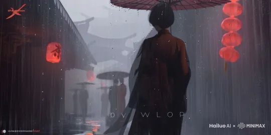 图中女子头发随风飘动，衣服随风飘动，逐渐走远，远处人物走路，雨淅淅沥沥地下，灯笼随风晃动 by Hailuo AI Video Generator