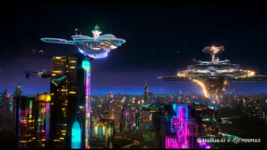 夜景 大全景
一个充满未来科技玄幻的情景，
人类离开城市在一个巨大的空中城市生存，
飞船空梭，电影感十足，玄幻神秘 by Hailuo AI Video Generator