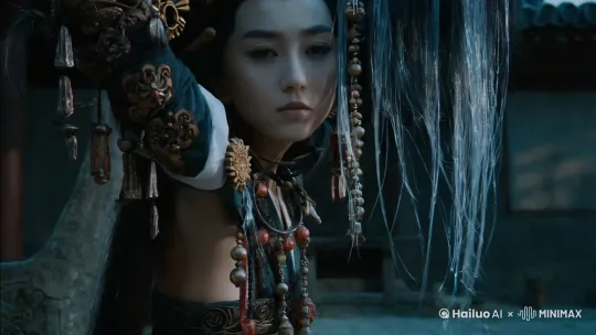 大师级古风超高清人物摄影，精致，机械感，long black hair like waterfall, some silver strands, ancient hair ornaments, some rusty, some with eerie glow, (2024-12-23:0.8), monday morning, dim light, mysterious atmosphere, best quality,masterpiece by Hailuo AI Video Generator