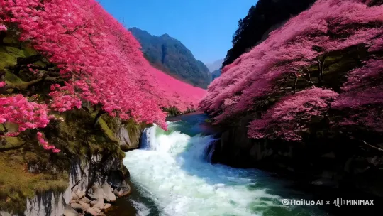 山桃花盛开红红地缀满枝头，蜀江春水拍打着山岸哗哗地奔流。花红易衰恰似郎君的情意，水流无限好像我的愁绪绵长。 by Hailuo AI Video Generator