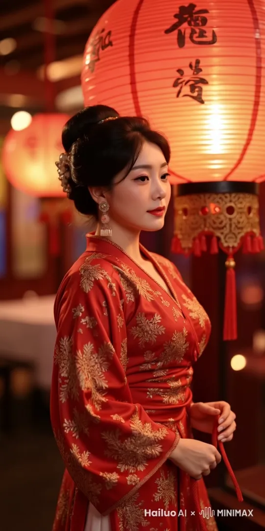 图片中的任务转身正对镜头，对着镜头说，恭贺新春，拱手，远处烟花 by Hailuo AI Video Generator
