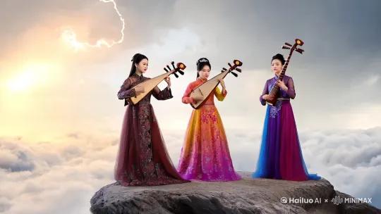三个身着古装的美女，站在云海之上，一个弹着琵琶，一个弹着古筝，一个吹着竖笛，一边演奏一边跳舞。时而蓝天白云，一会电闪雷鸣。 by Hailuo AI Video Generator