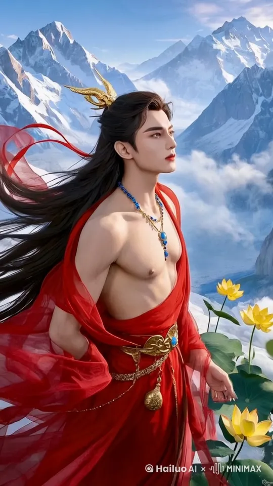 一位仙人，风中，长发飘飘，仙气环绕，霞光闪闪，睁开眼，望向前方，动作流畅，光线细腻。 by Hailuo AI Video Generator