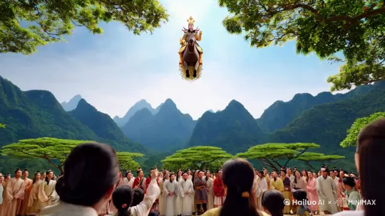 群山环绕，绿树成荫，武财神赵公明骑着坐骑从天而降，满天洒满钞票，地面上是迎接财神的百姓 by Hailuo AI Video Generator