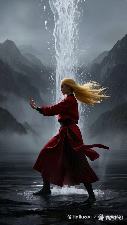 美女在打太极拳，水流跟随着美女的动作而运动，水流的形状梦幻而灵动 by Hailuo AI Video Generator