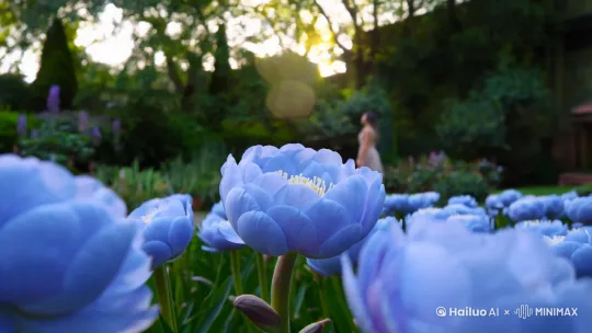 早晨，盛开蓝色牡丹花的花园，阳光温柔，电影级品质，背景花园 by Hailuo AI Video Generator