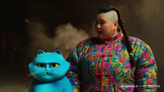 一个蓝色的胖猫，名字是月半猫，他说今年他要和东北雨姐一起过年，东北雨姐是穿着东北大花棉袄胖胖的一个女的，她面部特征比较豪放，像男的扎着一个辫子。但是头发两边是剃掉的。第一个镜头是胖猫和东北雨姐一块儿放鞭炮的场景，鞭炮爆炸起了很多的烟雾。第二个镜头是东北雨姐在，东北大炕上，脱下袜子。几缕阳光穿过窗户，照射在东北御姐的脚上，他的脚上在冒热气。 by Hailuo AI Video Generator