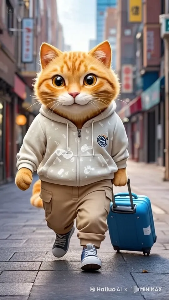 橘猫拉着行李箱，微笑的迈步往前走 by Hailuo AI Video Generator