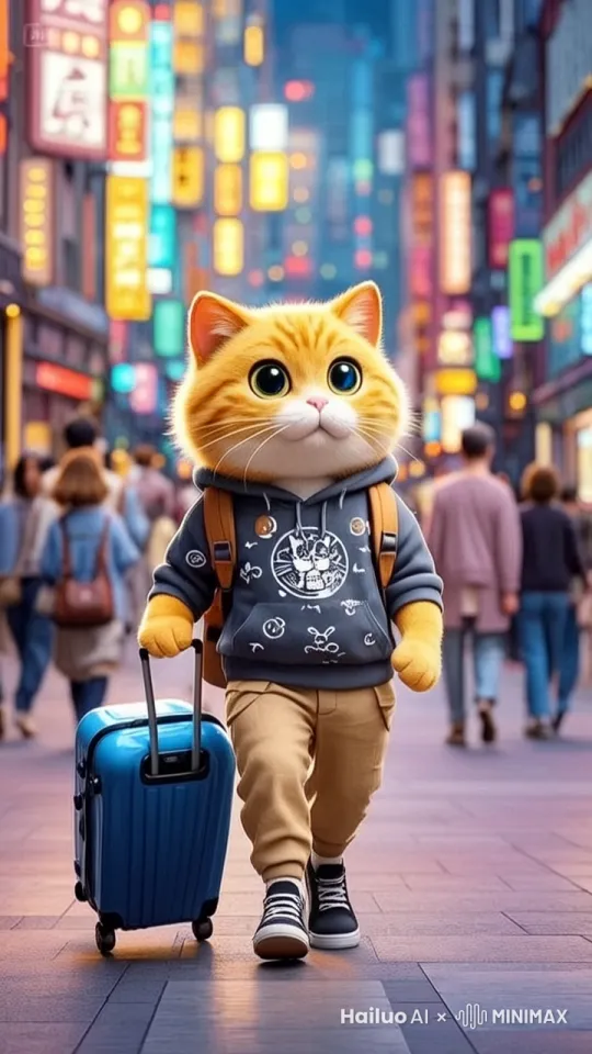 橘猫拉着行李箱，高兴的迈步往前走 by Hailuo AI Video Generator