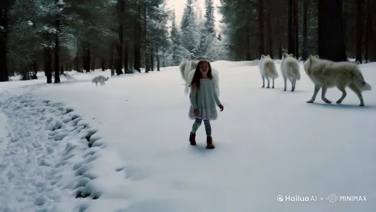 一个小女孩在漫天大雪的森林小道上行走，旁边伴随着几只雪纯白色的狼。
 by Hailuo AI Video Generator