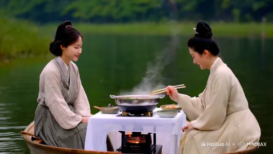 一个小船在一个绿绿的水而慢悠悠地漂着，小船中间放着一张很小的桌子，铺着雪白的桌布，桌子上有小火炉和火锅，小桌子两边各坐着两个人，他们拿着筷子正准备用餐，突然船边水中跳出一条大里鲤鱼，径直跳进船上小桌子上的火锅里，只见一人熟练地用勺子浇上油，只见锅里热气腾，两人举杯欢庆！ by Hailuo AI Video Generator