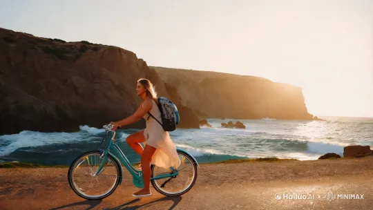 美女背包骑单车旅行在海边 by Hailuo AI Video Generator