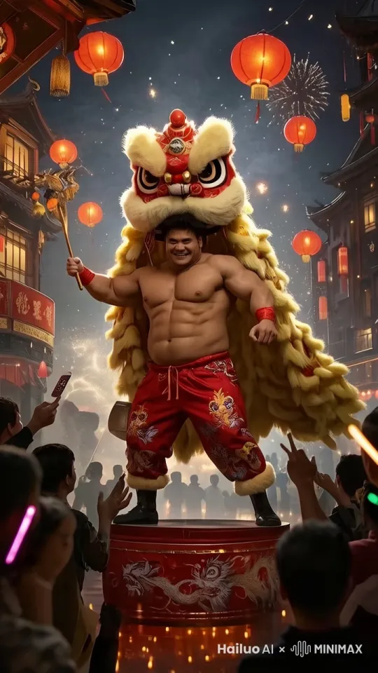 灯火通明 烟花璀璨 游客络绎不绝 一个肌肉男兴奋的右手挥舞起小摇杆，头顶舞狮风格打扮的毛绒道具，肌肉男平稳的站立在大柱子上，正在认真的扮演舞狮进行精彩绝伦演出。肌肉男舞狮的整体动作标准流畅自然。顶级电影特效渲染。超清画质级 顶级好莱坞电影大片质感。 by Hailuo AI Video Generator