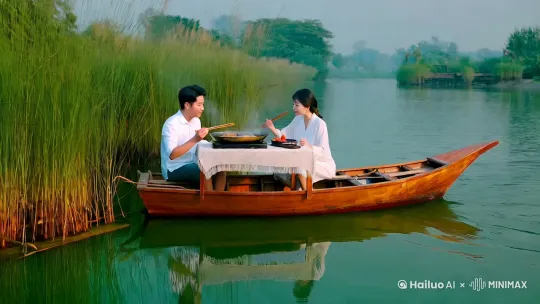 一个小船在一个绿绿的水而慢悠悠地漂着，小船中间放着一张很小的桌子，铺着雪白的桌布，桌子上有小火炉和火锅，小桌子两边各坐着两个人，他们拿着筷子正准备用餐，突然船边水中跳出一条大里鲤鱼，径直跳进船上小桌子上的火锅里，溅起火锅汤计，两人吓了跳，愣了一下，接着欢呼雀跃，举杯相庆 by Hailuo AI Video Generator
