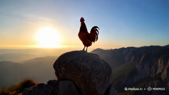 中景拍摄太阳从东方升起，照在了大山上。山上有一块大大的石头，石头上站着一只红色的大公鸡，大公鸡正朝向东方。大公鸡开始叫了三声。根据以上素材生成视频。超高清超真实。 by Hailuo AI Video Generator