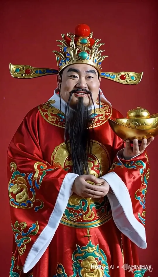 镜头移动，动态跟随，全身人像，金光闪闪，踏着金币而来镜头移动，动态跟随，全身人像，金光闪闪，踏着金币，迈着健硕步子向你而来，左手托着金元宝，右手指向你 by Hailuo AI Video Generator