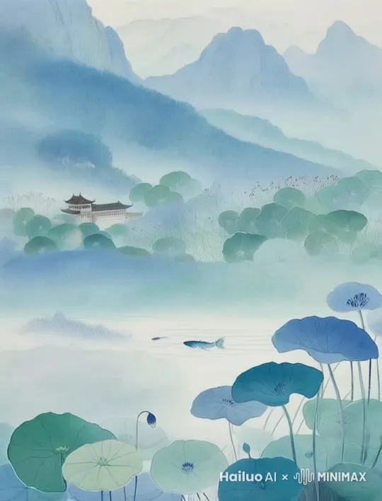 画面静谧，荷叶和莲蓬轻轻摆动，鱼儿在水中悠然游动，远处的山峦和古建筑逐渐显现出雾气缭绕的景象。整体效果如行云流水，静谧而富有诗意 by Hailuo AI Video Generator
