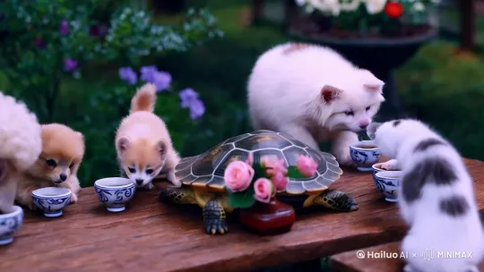 帮我做一个乌龟羊小狗小猫坐一起喝酒的可爱视频 by Hailuo AI Video Generator