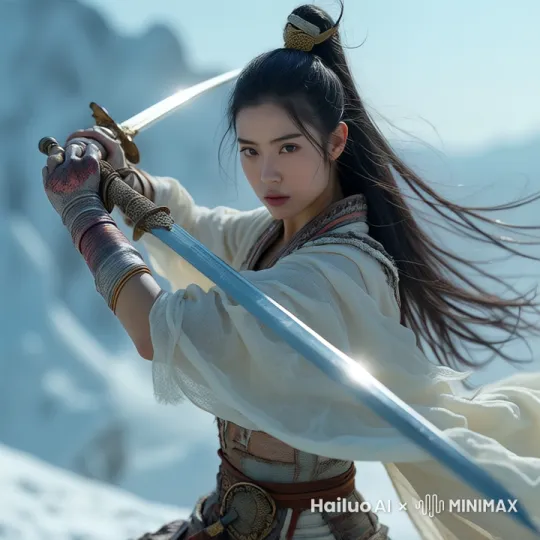 她像一个武林高手一样舞动双剑 by Hailuo AI Video Generator