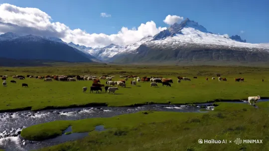 蓝天白云下的雪山，绿草青青小溪潺潺，牛羊在吃草 by Hailuo AI Video Generator