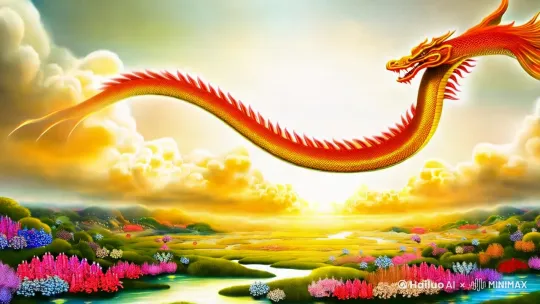 幅图象征着2025年好运征程的开启。图中有一条威严的龙，象征着好运，它在明亮的旋转云层中翱翔。龙的下方是一片郁郁葱葱的景观，盛开的花朵和闪闪发光的河流代表着成长和富足。整个画面沐浴在金色的阳光下，营造出温暖而充满希望的氛围，非常适合迎接一个成功和幸福的新年。 by Hailuo AI Video Generator
