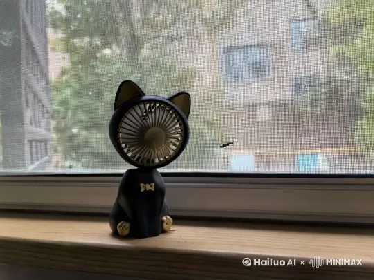 图中的小风扇变成黑色小猫后，喵喵叫，然后爬走了 by Hailuo AI Video Generator