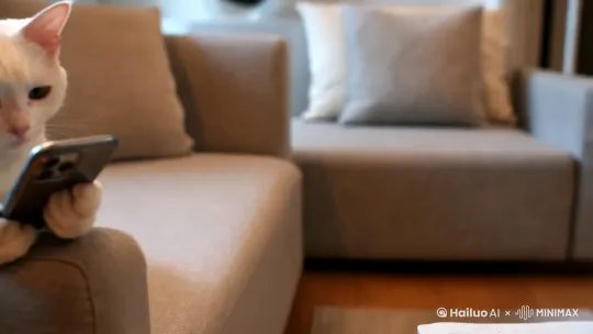 白色小猫捧着手机在看，聚精会神盯着屏幕，侧面坐在沙发上，小猫毛发非常柔顺，镜头捕捉猫咪的每一个表情和动作 by Hailuo AI Video Generator