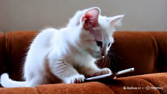 可爱的白色小猫捧着手机在看，聚精会神盯着屏幕，侧面坐在沙发上，小猫毛发非常柔顺，固定镜头捕捉猫咪的每一个表情和动作 by Hailuo AI Video Generator