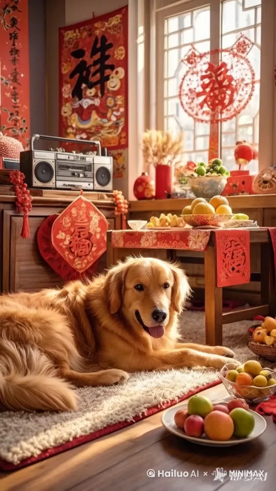 春节前夕，温暖的客厅被装饰得充满节日氛围，墙上挂着精美的年画，桌上摆满了水果和零食。金毛懒洋洋地躺在柔软的垫子上，眼睛半睁半闭，旁边的音响播放着欢快的新年歌曲，窗户上贴着精美的窗花。 by Hailuo AI Video Generator