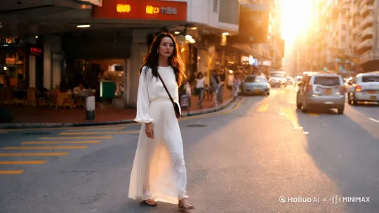 发现她在香港九龙城街的转角，穿着白色长裙，斜挎小包，长发飘飘，慢慢向我走过来。温暖的逆光，90年代电影画面。 by Hailuo AI Video Generator