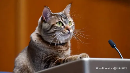 一只真实可爱的猫在会议厅做演讲，嘴巴像人一样在说话 by Hailuo AI Video Generator