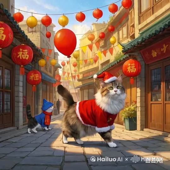 春节气氛。张灯结彩，雪花飘飘，一只西伯利亚森林猫拿着气球，穿棉衣，戴红色帽子，走在街道 by Hailuo AI Video Generator