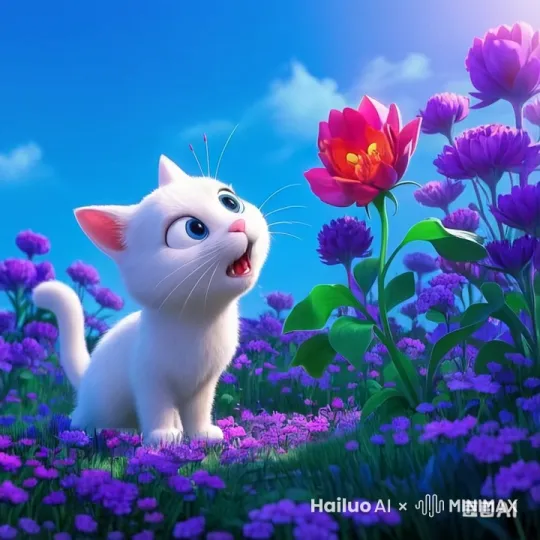 让花睁开眼睛，猫感到很惊讶，很可怕。 by Hailuo AI Video Generator