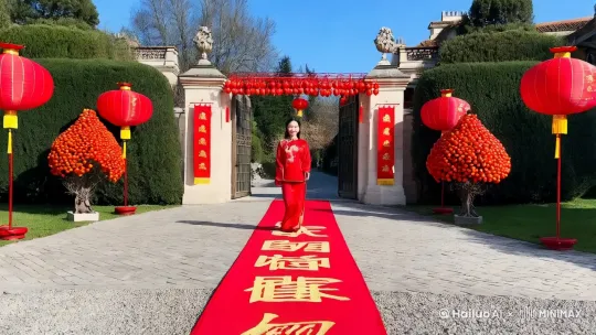 新春红韵，舞启新程
 
- 镜头1：别墅外的新春氛围
 
- 时长：0：00 - 0：05
- 景别：全景
- 画面：阳光洒在一座欧式风格的别墅上，别墅大门装饰着大红灯笼，门上贴着崭新的春联，两边摆放着盛开的金桔树，挂满了红包模样的小挂件。门口的地面上，铺着印有福字的红地毯，一直延伸到镜头前。
- 台词：旁白：“新春佳节，喜气盈门。”
- 音乐/音效：欢快的春节序曲作为背景音乐，夹杂着远处传来的隐隐鞭炮声
- 拍摄地点：别墅大门口外
- 镜头2：美女登场
 
- 时长：0：05 - 0：12
- 景别：中景
- 画面：一位身着红色唐装的美女，从别墅大门一侧轻盈走出。唐装剪裁合身，红色绸缎上绣着金色的凤凰图案，领口和袖口是精致的黄色滚边，她手持一把红色折扇，笑容灿烂，眉眼弯弯。
- 台词：旁白：“看，佳人踏春而来。”
- 音乐/音效：欢快的春节序曲持续，脚步轻移的声音
- 拍摄地点：别墅大门口外
- 镜头3：舞蹈起始
 
- 时长：0：12 - 0：20
- 景别：近景
- 画面：美女微微欠身，向镜头行礼，随后缓缓打开折扇，扇面上绘着盛开的红梅。她莲步轻移，开始舞动，身体随着音乐的节奏轻轻摆动，眼神灵动，顾盼生辉。
- 台词：旁白：“长袖轻舞，扇起春风。”
- 音乐/音效：欢快的春节序曲，折扇打开的声音
- 拍摄地点：别墅大门口外
- 镜头4：旋转与舞动
 
- 时长：0：20 - 0：30
- 景别：中景 - 全景
- 画面：美女加快舞步，原地快速旋转，红色的裙摆飞扬起来，如同盛开的花朵。她一边旋转，一边挥舞着折扇，动作流畅自然。镜头拉远，展现出她在充满春节氛围的别墅门口尽情舞蹈的画面。
- 台词：旁白：“旋转之间，尽显新春活力。”
- 音乐/音效：欢快的春节序曲，裙摆飘动的声音
- 拍摄地点：别墅大门口外
- 镜头5：与周边互动
 
- 时长：0：30 - 0：40
- 景别：近景
- 画面：美女舞动到金桔树旁，伸手轻轻触碰树上的红包挂件，脸上洋溢着幸福的笑容。她用扇子轻轻点了点福字地毯，然后又继续舞动，仿佛与这春节的装饰融为一体。
- 台词：旁白：“与新春景致互动，共谱欢乐篇章。”
- 音乐/音效：欢快的春节序曲，轻微的触碰挂件声
- 拍摄地点：别墅大门口外
- 镜头6：舞蹈高潮
 
- 时长：0：40 - 0：50
- 景别：特写 - 中景
- 画面：先特写美女的面部，她眼神专注，表情沉醉在舞蹈中，额头上微微渗出细汗。接着镜头拉至中景，她大幅度地挥舞折扇，身体做出优美的造型，将舞蹈推向高潮。
- 台词：旁白：“舞至高潮，点燃新春热情。”
- 音乐/音效：欢快的春节序曲，节奏加快
- 拍摄地点：别墅大门口外
- 镜头7：收尾
 
- 时长：0：50 - 1：00
- 景别：全景
- 画面：美女缓缓停下舞步，收起折扇，再次向镜头行礼，深深鞠躬。她身后的别墅大门、红灯笼、春联等春节装饰依然喜庆，画面定格。
- 台词：旁白：“新春之舞，祝福满盈。愿新的一年，吉祥如意。”
- 音乐/音效：欢快的春节序曲渐弱
- 拍摄地点：别墅大门口外 by Hailuo AI Video Generator