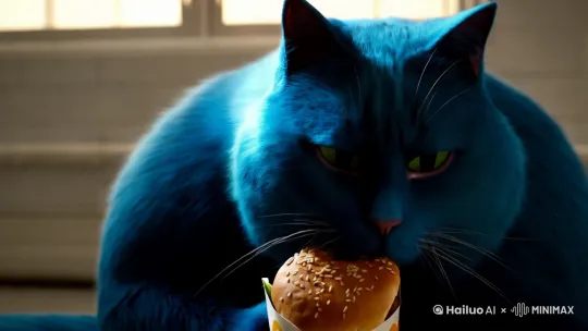 一个非常胖的蓝色猫在吃麦当劳 by Hailuo AI Video Generator