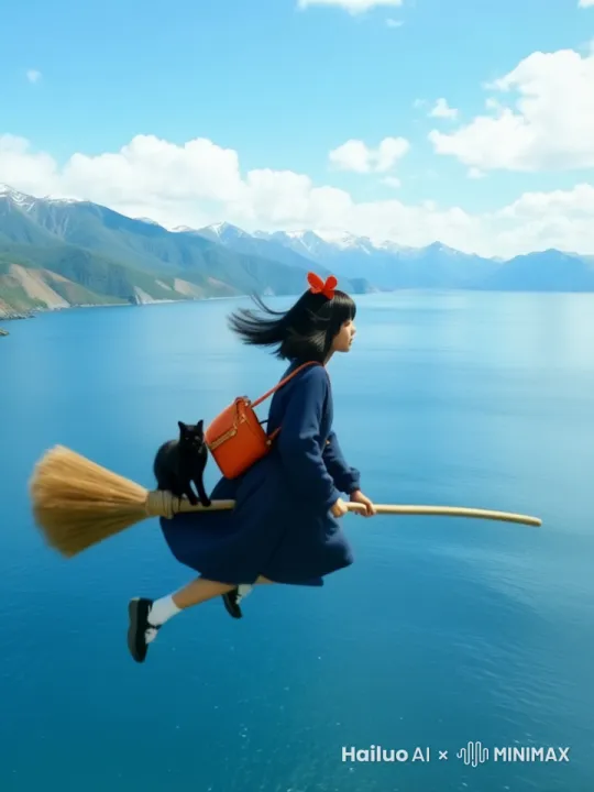 阳光酒在海面，波光粼粼。镜头紧跟骑着扫帚的女孩，她似轻盈精灵，长发与衣角随风舞动。视频推进，海景飞速后退，女孩俯身，眼神坚毅兴奋，驾着扫帚如破风利刃，所经之处，海水划出白瘦如流星尾迹，海风呼啸，尽显畅快 by Hailuo AI Video Generator
