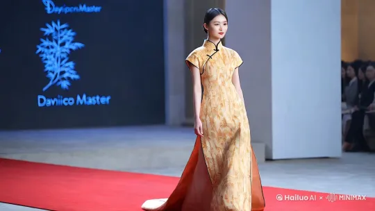 画面主体：一位身着竹子图案旗袍的美女，身姿婀娜
场景氛围：华丽的旗袍时装秀舞台，灯光柔和
主体行为：优雅地展示身姿
构图方式：中心构图，聚焦人物的高雅
艺术风格：清新自然风格，色调淡雅清新
图像质量：真实摄影，高质量，超清画质，中焦镜头，大光圈，专业构图，达芬奇大师后期调色。性感妩媚美女模特自信满满潇洒走在红地毯上 by Hailuo AI Video Generator
