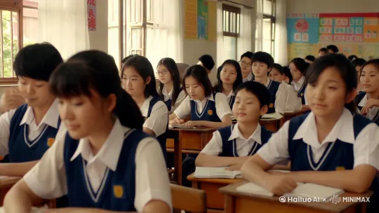 普通中国的高中课堂，学生们穿着一样的校服，洋溢着青春的气息，夏天的风吹从窗户进教室，教室里一片祥和宁静，阳光透过窗户照进教室。 by Hailuo AI Video Generator