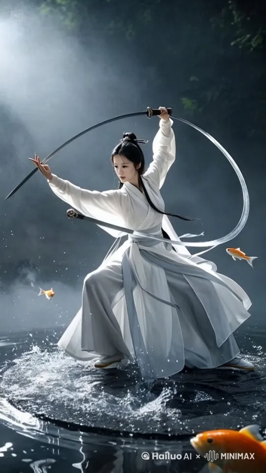 一个充满活力的国产仙侠剧场景,一位身着国风传统白色武术袍的女人正在做出太极武术的姿势。正面照,其被一圈飞溅的水珠组成的圆环环绕,她站在一片水汪汪的水潭环境当中,营造出一种空灵且强大的氛围。飘动的长袍和水的流动突出了动作的流畅性与优雅感,具有张艺谋导演电影的风格,32k高清,丁达尔光效 by Hailuo AI Video Generator