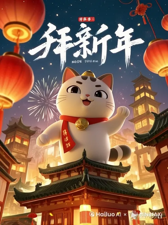 猫咪双手作揖，拜年，眨眼开心，摇尾巴，灯笼随风飘动，背后烟花绽放，8k,高清，围绕主体运镜 by Hailuo AI Video Generator