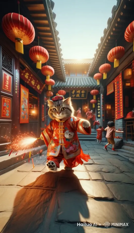 狸花猫拿着鞭炮在放，烟花在燃烧，狸花猫向前走来，后面的小孩也在欢乐的嬉戏。明亮欢快，有生活气息，镜头跟着狸花猫。 by Hailuo AI Video Generator
