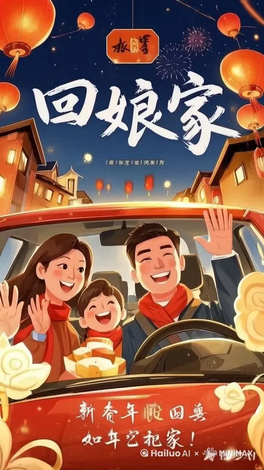 开车行驶中，人物大笑，灯笼随风飘动，烟花从下方升起爆炸，微动，缓慢，优雅的动效，高级感，8k，高清，超级细节， by Hailuo AI Video Generator