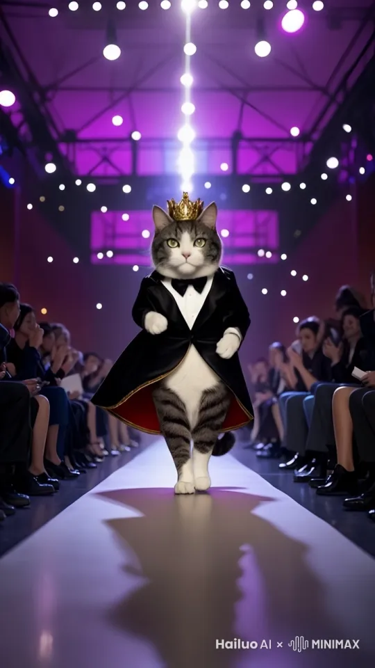 猫咪从T台后面走向镜头，两边的观众眼睛跟着猫咪走台的步伐，在鼓掌，3D电影画质 by Hailuo AI Video Generator