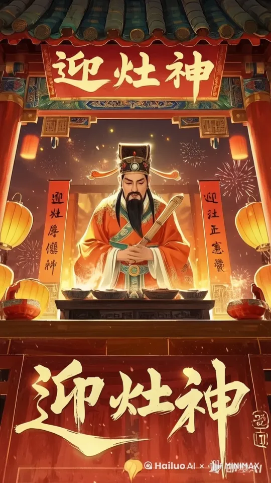 毛笔字“迎灶神”笔画书写过程 ，神仙开心地拨弄碗，煮食材，灯笼随风飘动，烟花升起绽放，8k，超高清，超级细节 by Hailuo AI Video Generator